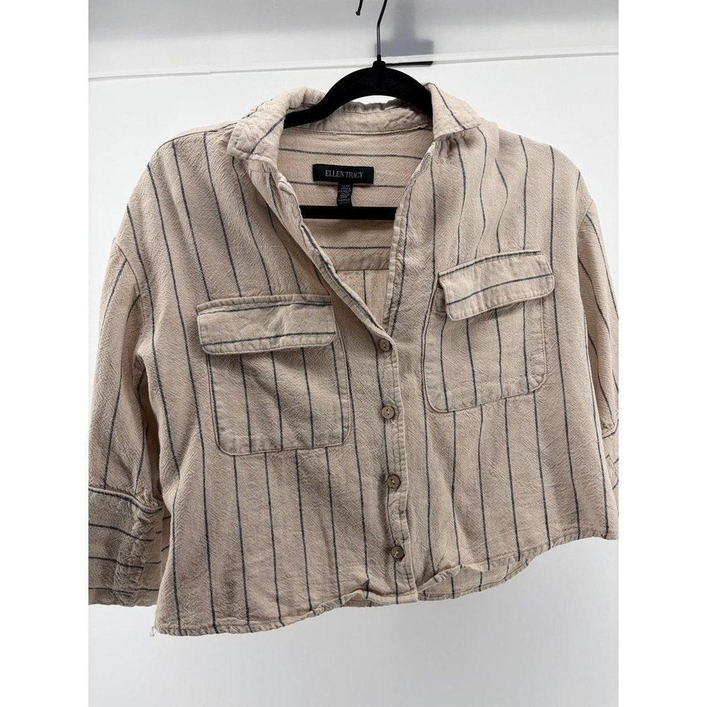 Ellen Tracy,Button Down Shirt, Beige/Navy Vertical Stripes, Sz XS S163